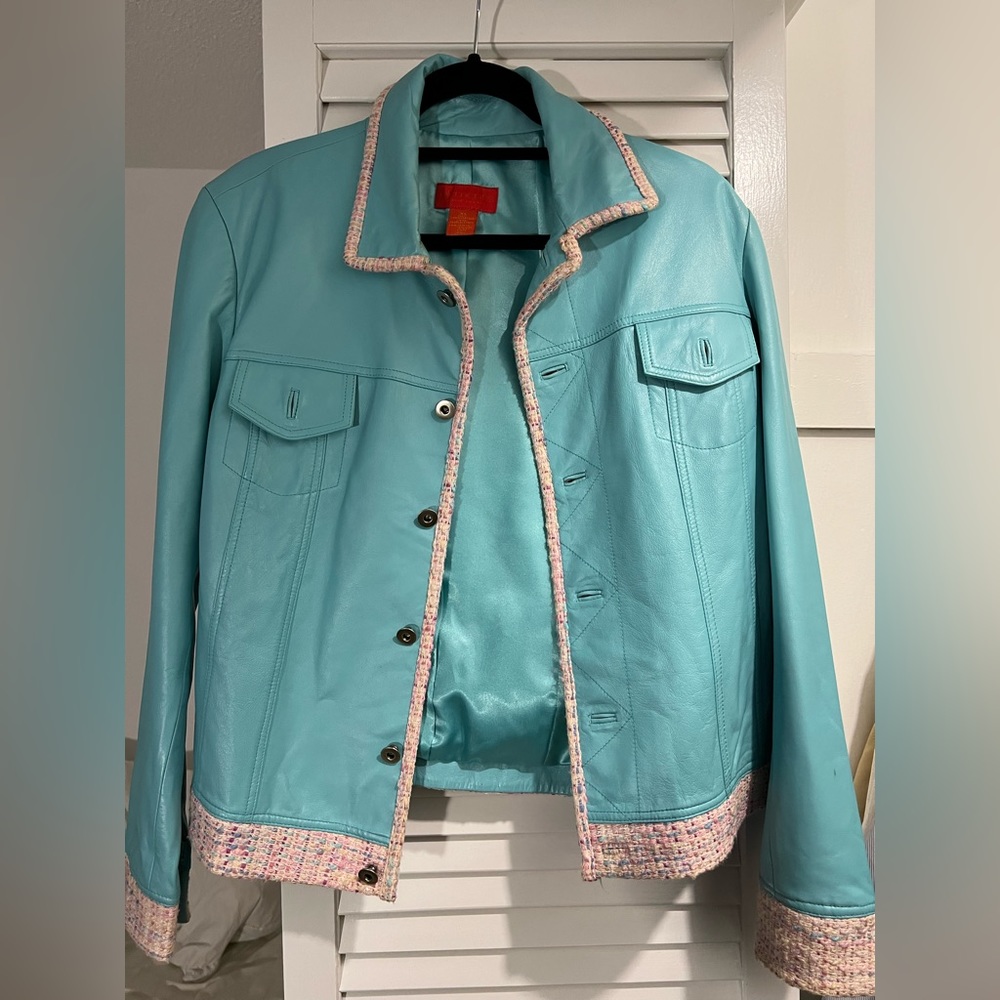 Leather Jacket with Tweed Trim